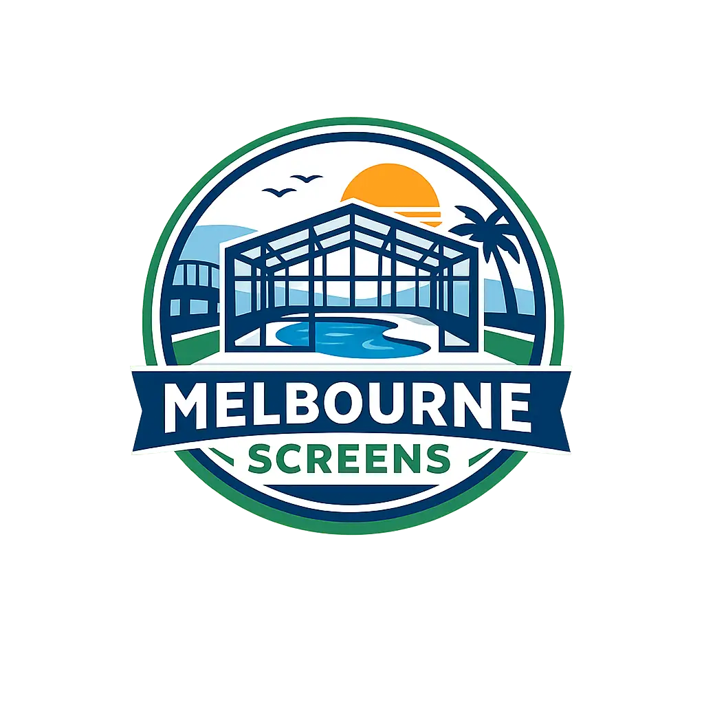Melbourne Screens logo featuring aluminum enclosure design and sun icon in Melbourne, FL